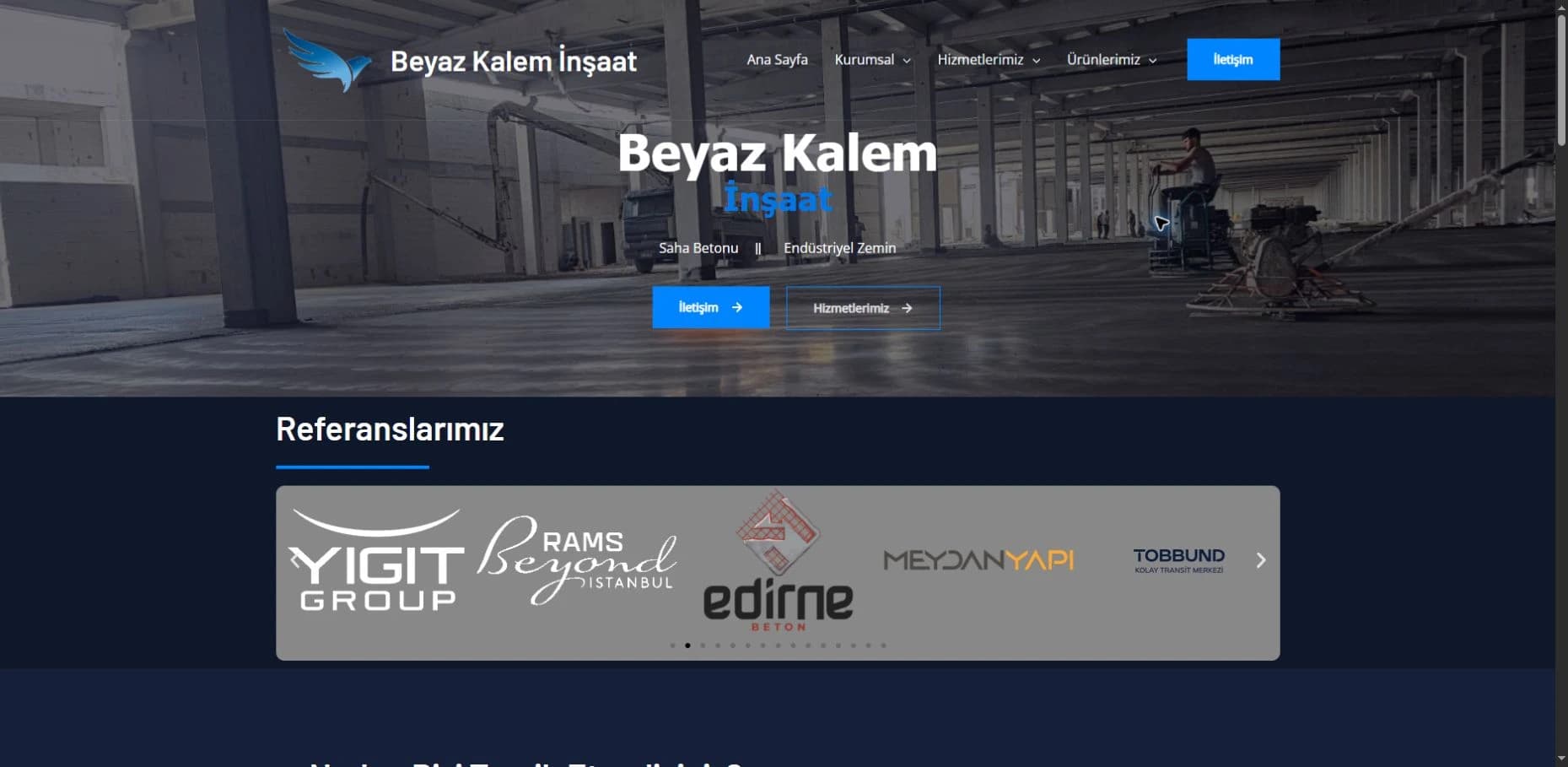 Beyaz Kalem İnşaat web sitesinin ana sayfa ekran görüntüsü
