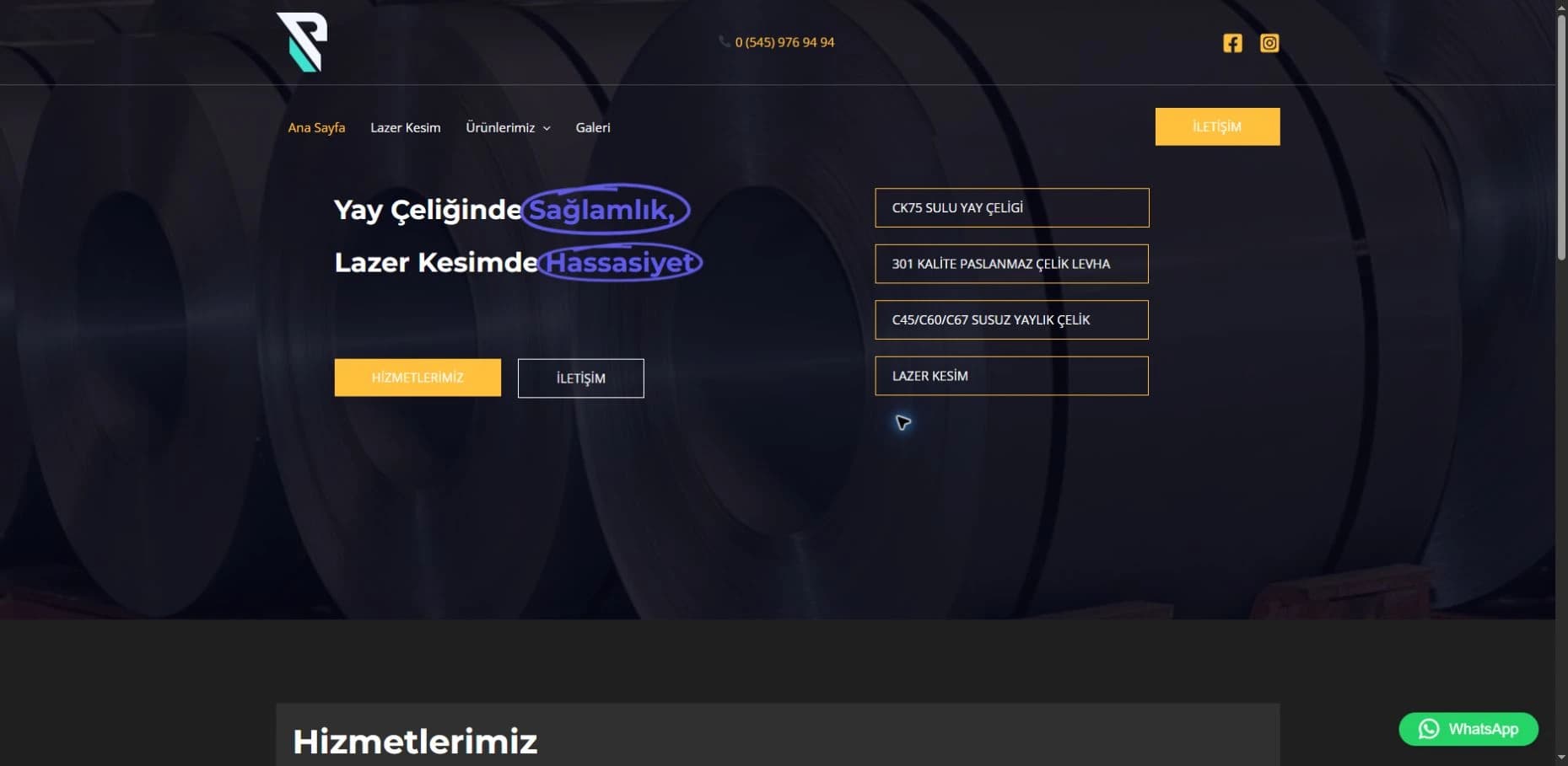 Yay Çeliği web sitesinin ana sayfa ekran görüntüsü